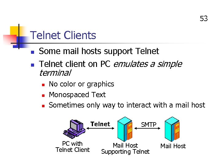 53 Telnet Clients n Some mail hosts support Telnet n Telnet client on PC