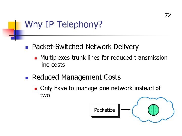 Why IP Telephony? n Packet-Switched Network Delivery n n 72 Multiplexes trunk lines for