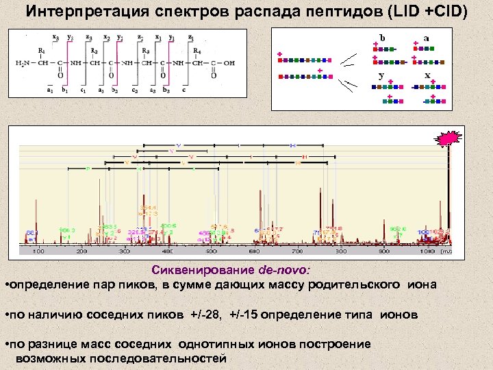 Интерпретация спектров распада пептидов (LID +CID) Сиквенирование de-novo: • определение пар пиков, в сумме