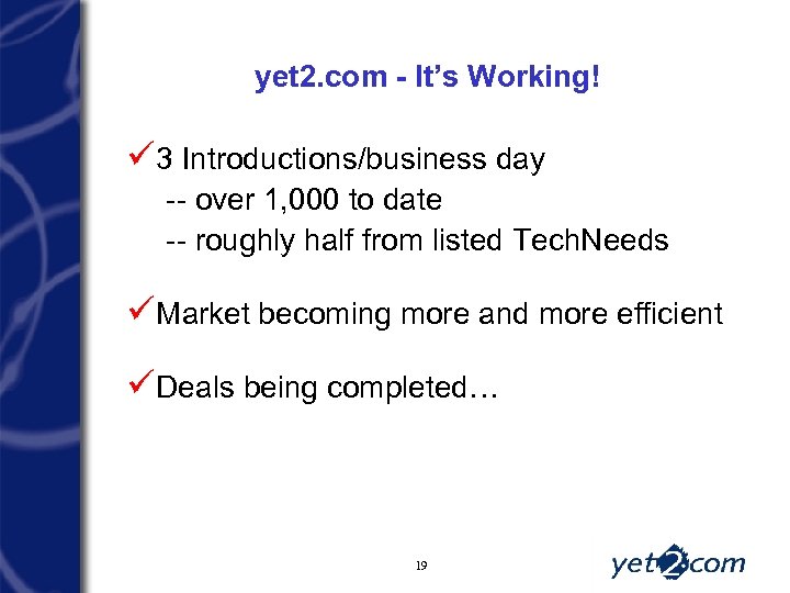 yet 2. com - It’s Working! ü 3 Introductions/business day -- over 1, 000