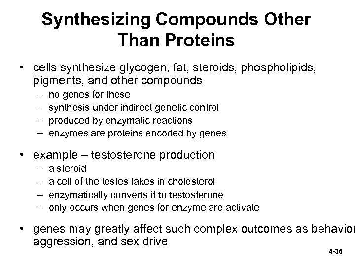 Synthesizing Compounds Other Than Proteins • cells synthesize glycogen, fat, steroids, phospholipids, pigments, and
