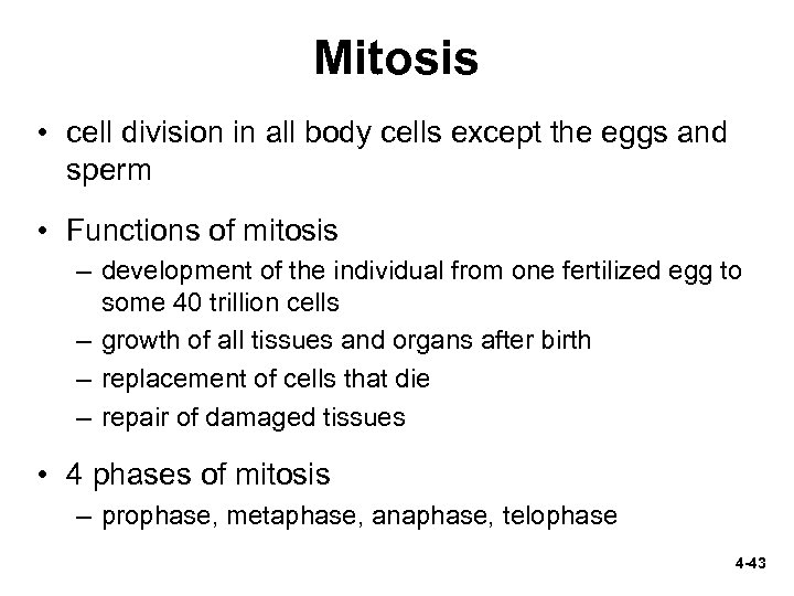Mitosis • cell division in all body cells except the eggs and sperm •