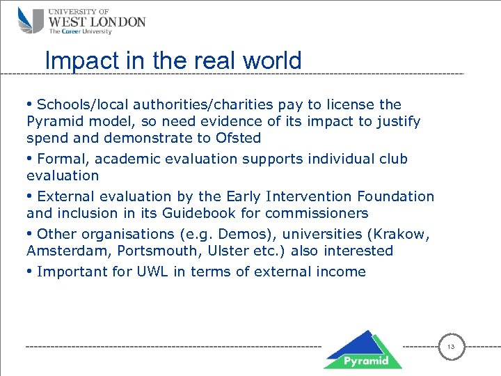 Impact in the real world • Schools/local authorities/charities pay to license the Pyramid model,