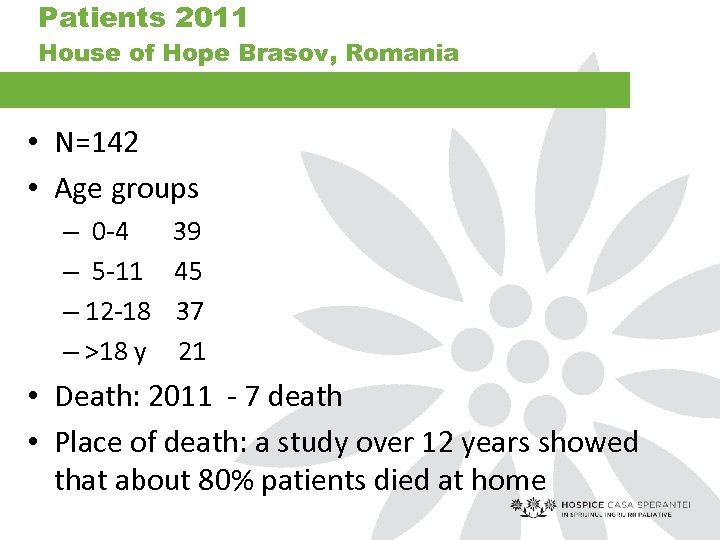 Patients 2011 House of Hope Brasov, Romania • N=142 • Age groups – 0