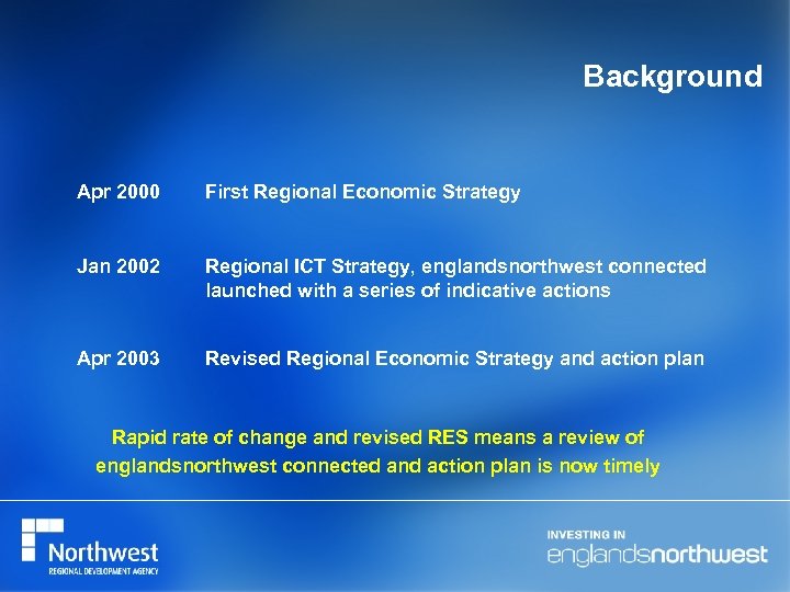 Background Apr 2000 First Regional Economic Strategy Jan 2002 Regional ICT Strategy, englandsnorthwest connected