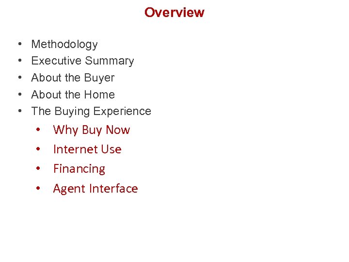 Overview • • • Methodology Executive Summary About the Buyer About the Home The