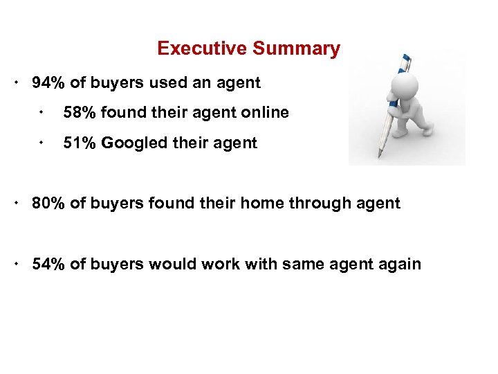 Executive Summary ¬ 94% of buyers used an agent ¬ 58% found their agent