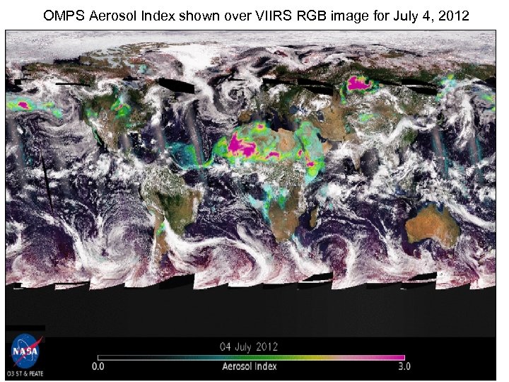OMPS Aerosol Index shown over VIIRS RGB image for July 4, 2012 