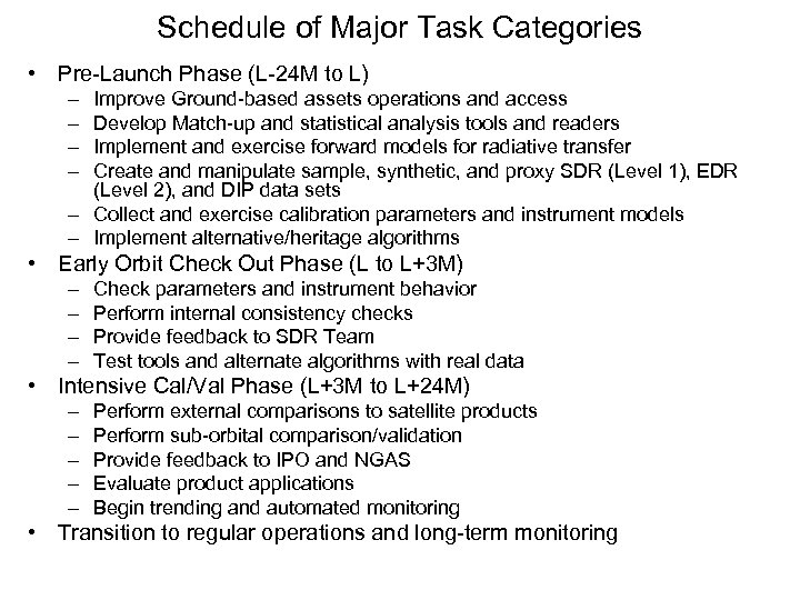 Schedule of Major Task Categories • Pre-Launch Phase (L-24 M to L) – –