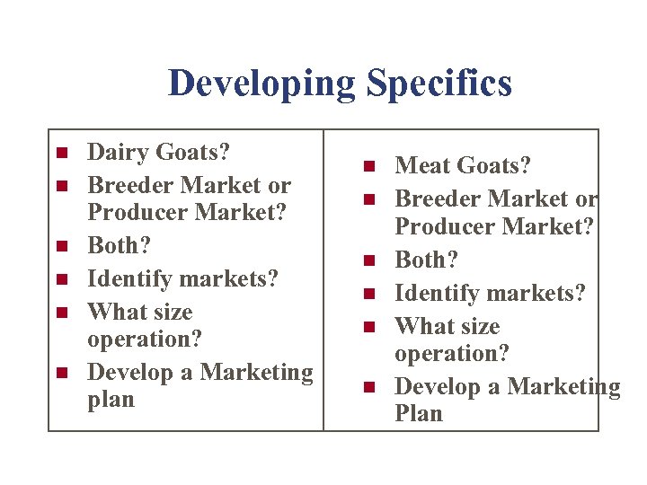 Developing Specifics n n n Dairy Goats? Breeder Market or Producer Market? Both? Identify