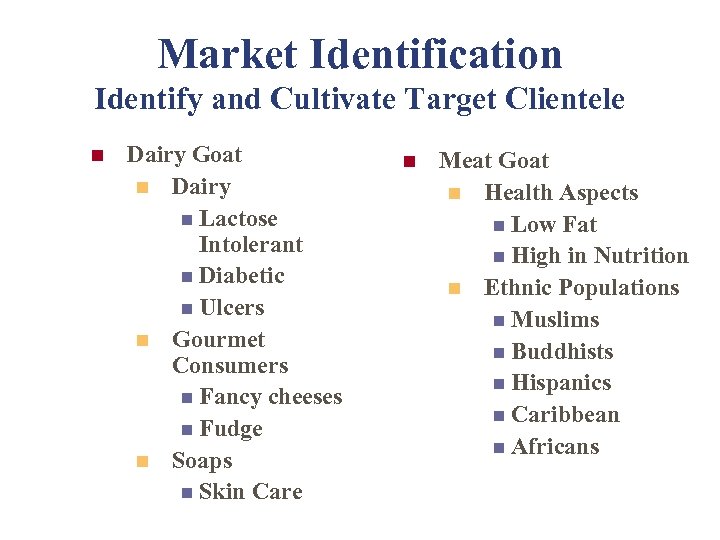 Market Identification Identify and Cultivate Target Clientele n Dairy Goat n Dairy n Lactose