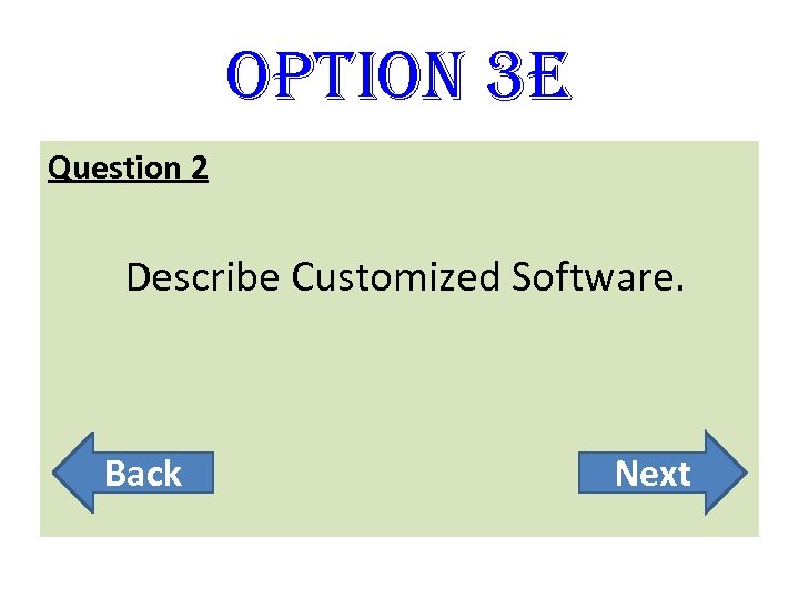 option 3 E Question 2 Describe Customized Software. Back Next 