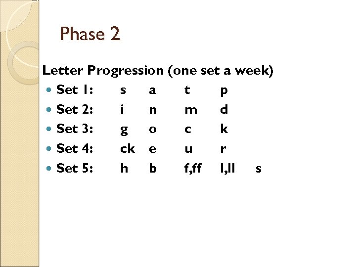 Phase 2 Letter Progression (one set a week) Set 1: s a t p