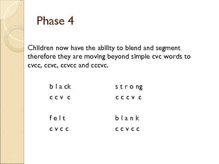 Phase 4 Children now have the ability to blend and segment therefore they are