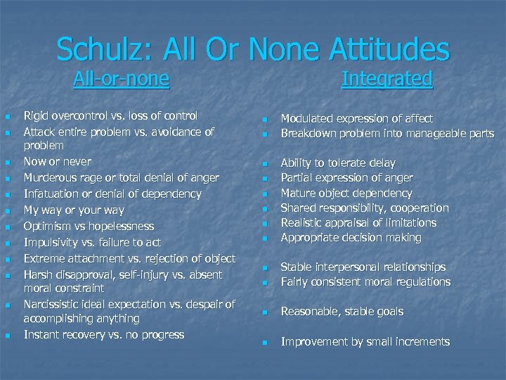 Schulz: All Or None Attitudes All-or-none Integrated n n n Rigid overcontrol vs. loss