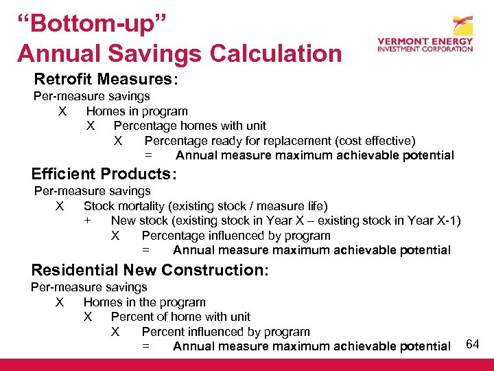 “Bottom-up” Annual Savings Calculation Retrofit Measures: Per-measure savings X Homes in program X Percentage