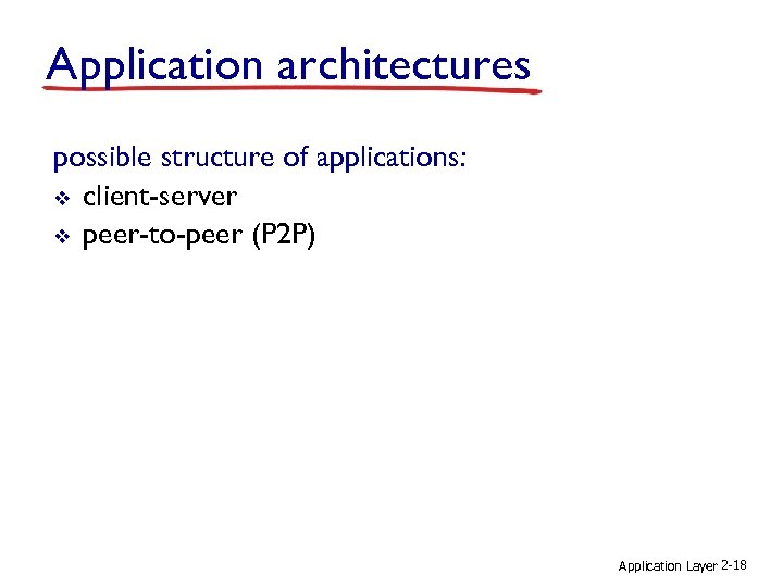 Application architectures possible structure of applications: v client-server v peer-to-peer (P 2 P) Application