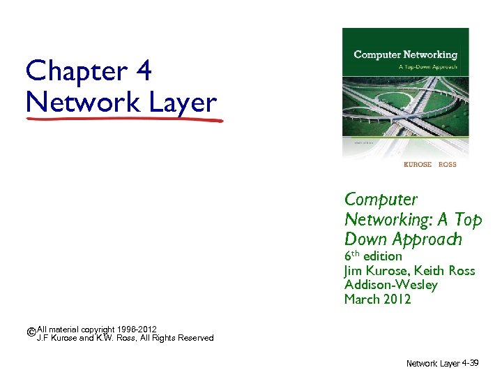 Chapter 4 Network Layer Computer Networking: A Top Down Approach 6 th edition Jim