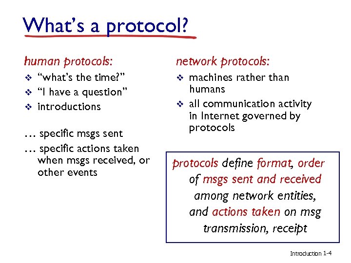 What’s a protocol? human protocols: v v v “what’s the time? ” “I have