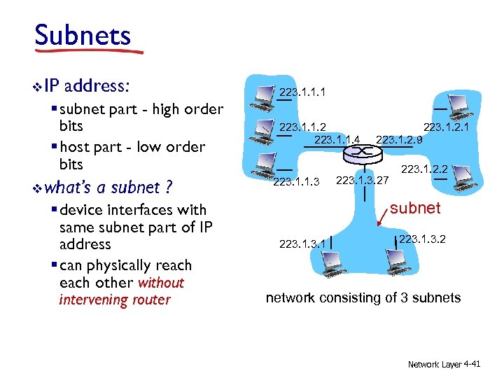 Subnets v IP address: § subnet part - high order bits § host part