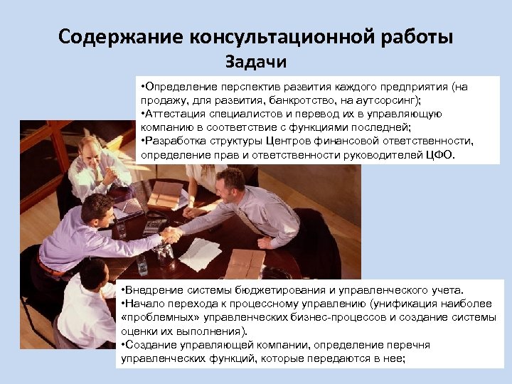 Содержание консультационной работы Задачи • Определение перспектив развития каждого предприятия (на продажу, для развития,