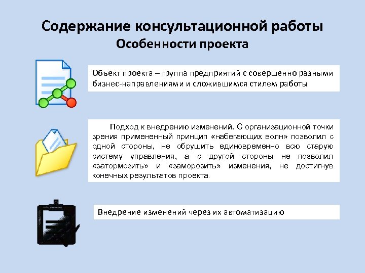Содержание консультационной работы Особенности проекта Объект проекта – группа предприятий с совершенно разными бизнес-направлениями