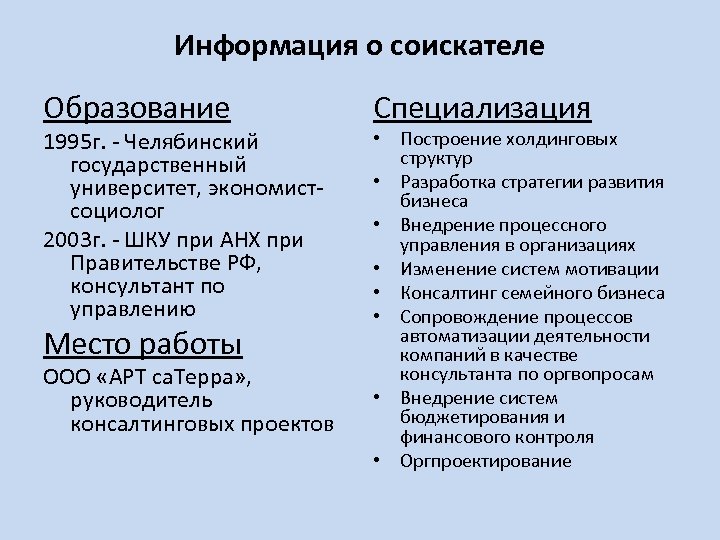 Информация о соискателе Образование 1995 г. - Челябинский государственный университет, экономистсоциолог 2003 г. -
