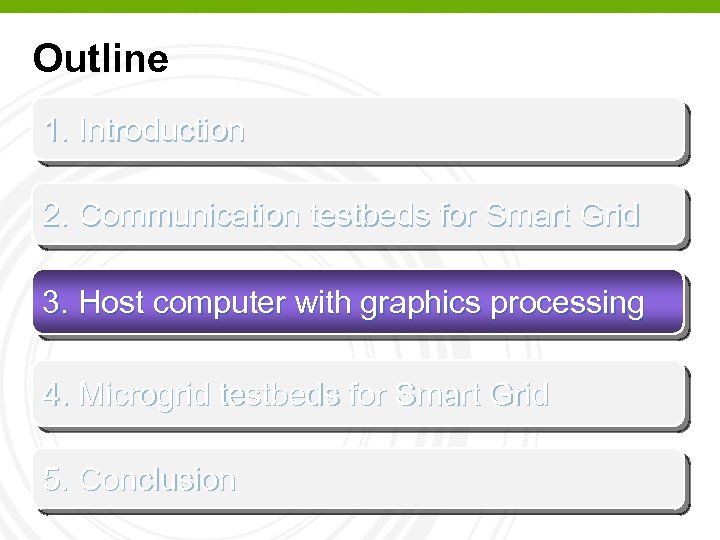 Outline 1. Introduction 2. Communication testbeds for Smart Grid 3. Host computer with graphics