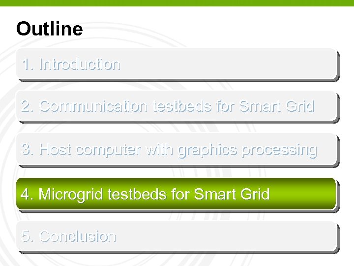 Outline 1. Introduction 2. Communication testbeds for Smart Grid 3. Host computer with graphics