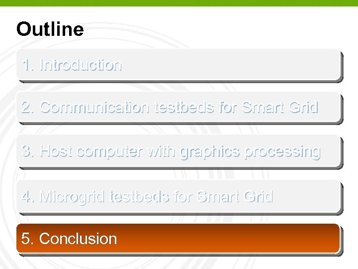 Outline 1. Introduction 2. Communication testbeds for Smart Grid 3. Host computer with graphics