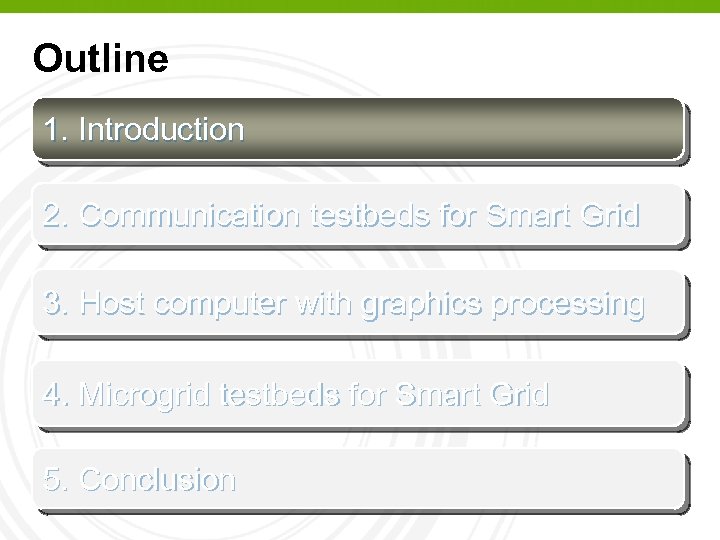 Outline 1. Introduction 2. Communication testbeds for Smart Grid 3. Host computer with graphics