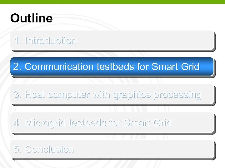 Outline 1. Introduction 2. Communication testbeds for Smart Grid 3. Host computer with graphics