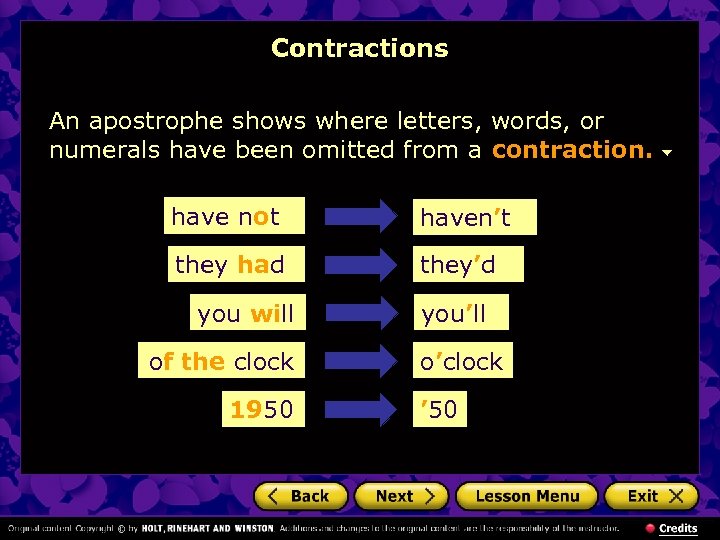 Contractions An apostrophe shows where letters, words, or numerals have been omitted from a