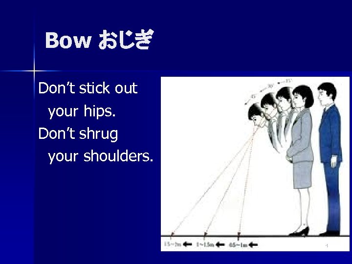 Bow おじぎ Don’t stick out your hips. Don’t shrug your shoulders. 24 