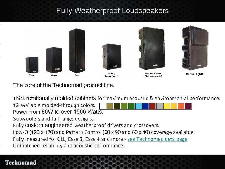 Fully Weatherproof Loudspeakers Berlin High. Q The core of the Technomad product line. Thick