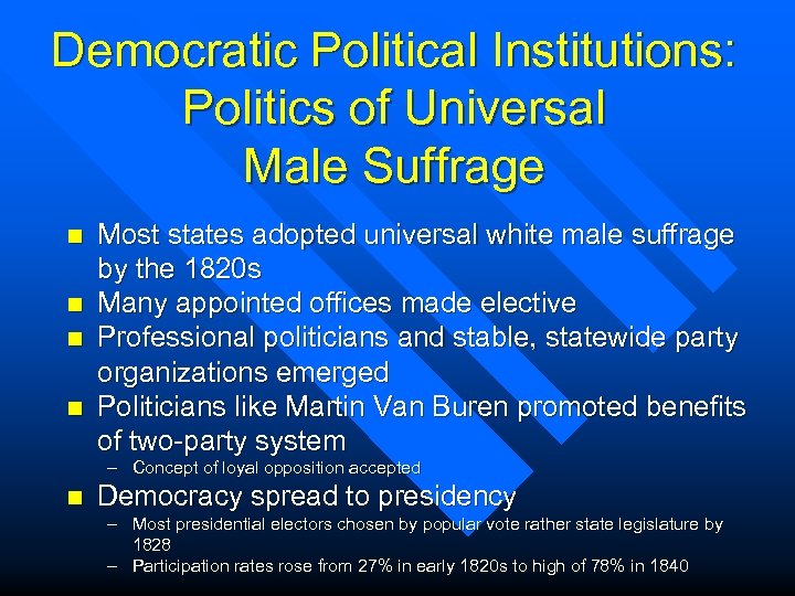 Democratic Political Institutions: Politics of Universal Male Suffrage n n Most states adopted universal