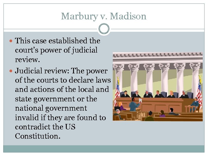 Marbury v. Madison This case established the court’s power of judicial review. Judicial review: