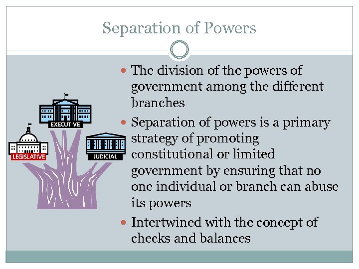 Separation of Powers The division of the powers of government among the different branches