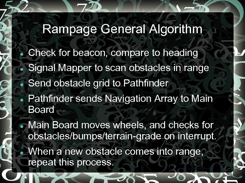 Rampage General Algorithm Check for beacon, compare to heading Signal Mapper to scan obstacles