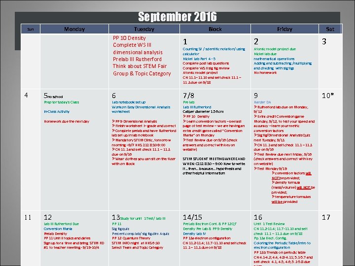 September 2016 Monday Sun Tuesday Block Friday Sat PP 10 Density Complete WS III