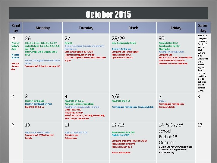 October 2015 Sund ay 25 Prep for today’s Class In-Class Activity HW due the