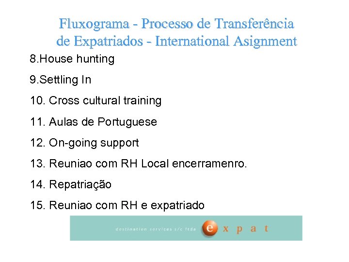 Fluxograma - Processo de Transferência de Expatriados - International Asignment 8. House hunting 9.