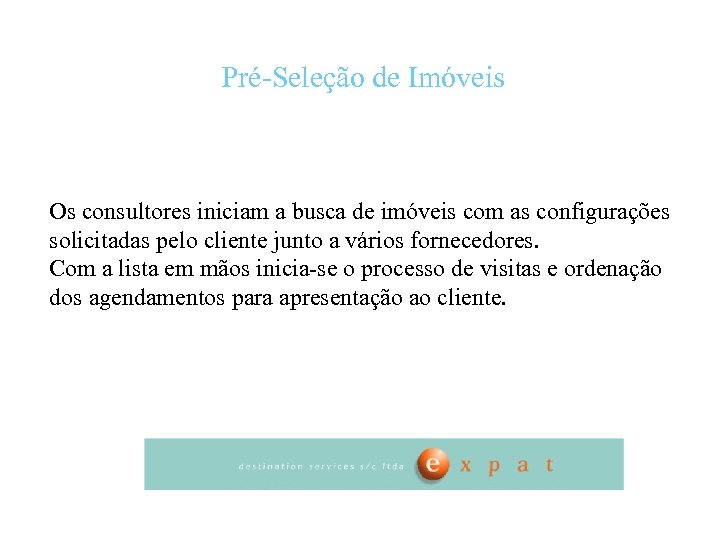 Pré-Seleção de Imóveis Os consultores iniciam a busca de imóveis com as configurações solicitadas