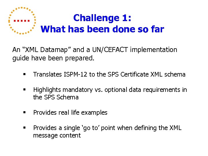 Challenge 1: What has been done so far An “XML Datamap” and a UN/CEFACT