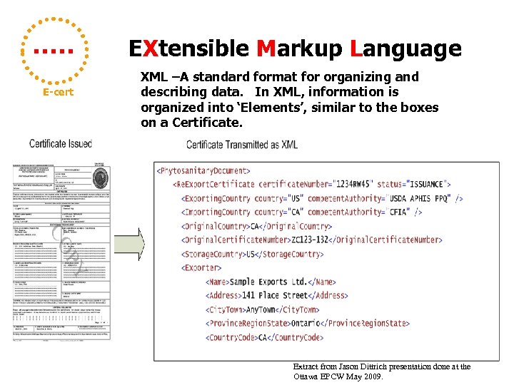 EXtensible Markup Language E-cert XML –A standard format for organizing and describing data. In