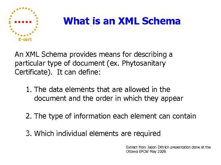 What is an XML Schema E-cert An XML Schema provides means for describing a