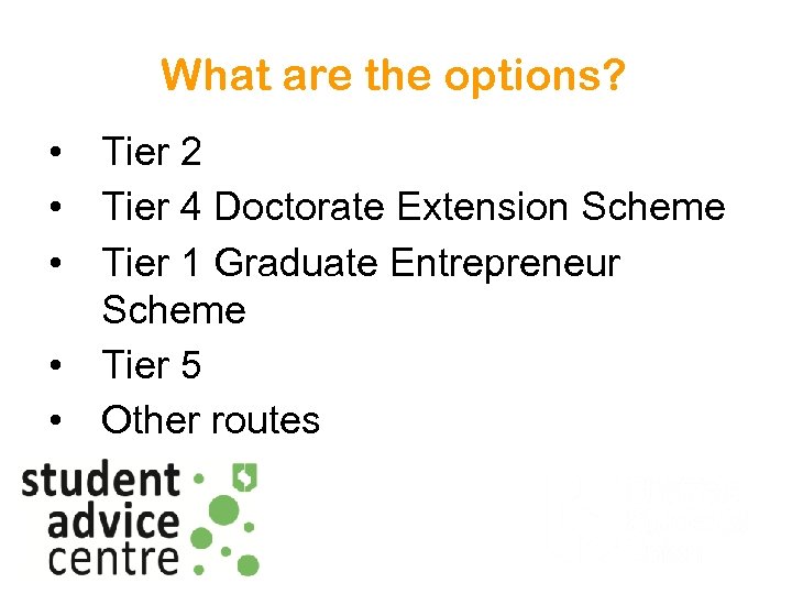 What are the options? • Tier 2 • Tier 4 Doctorate Extension Scheme •