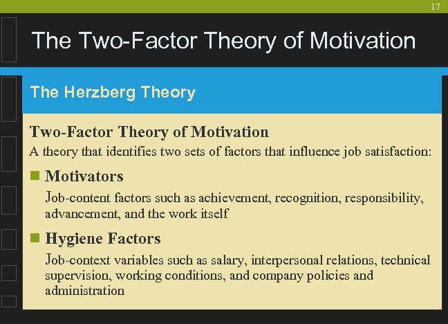 17 The Two-Factor Theory of Motivation The Herzberg Theory Two-Factor Theory of Motivation A