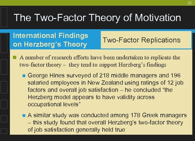 23 The Two-Factor Theory of Motivation International Findings on Herzberg’s Theory Two-Factor Replications n