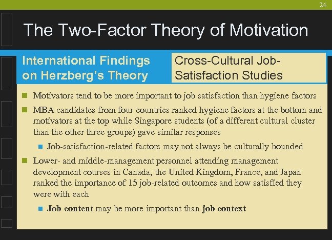 24 The Two-Factor Theory of Motivation International Findings on Herzberg’s Theory Cross-Cultural Job. Satisfaction